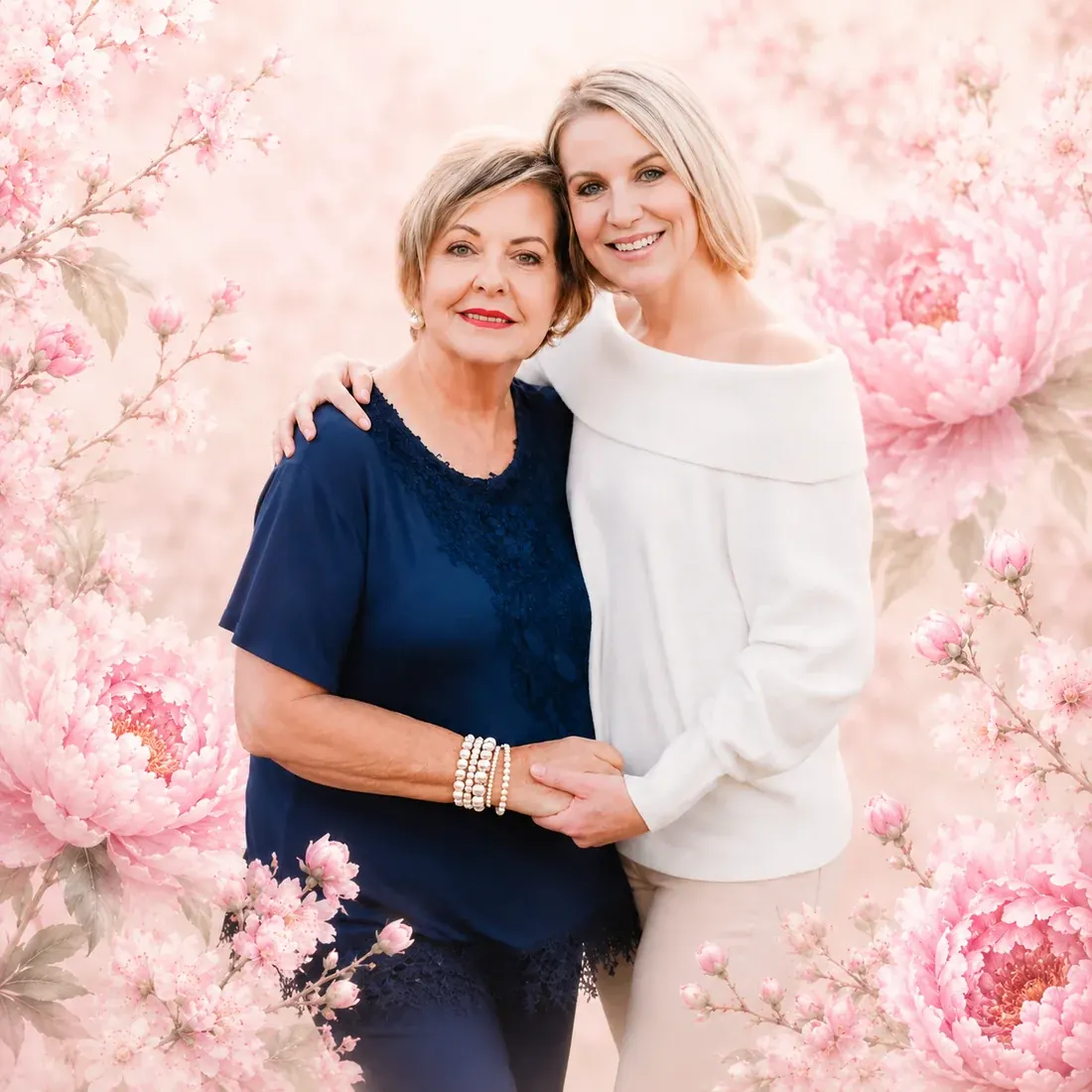 Isabel and Anel — the mother and daughter behind Anelli's Tea Garden, with a decorative floral frame