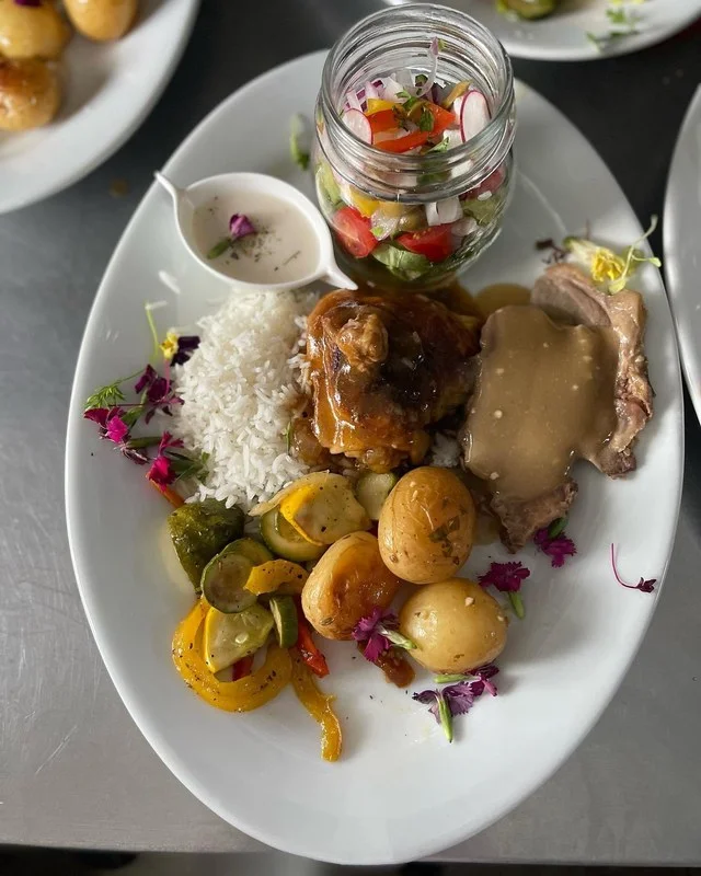 A plated sit-down wedding meal