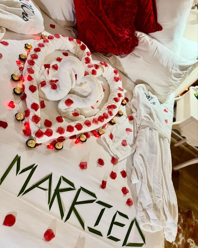A honeymoon room, set up for the couple's special evening